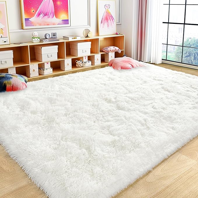 8x10 Large Area Rugs for Living Room, Ultra Fluffy Shag Rug for Bedroom, Modern Plush Soft Carpet for Girls Boys Kids Room Dorm Fuzzy Non Slip Rug for Home Decor Aesthetic, Cream White
