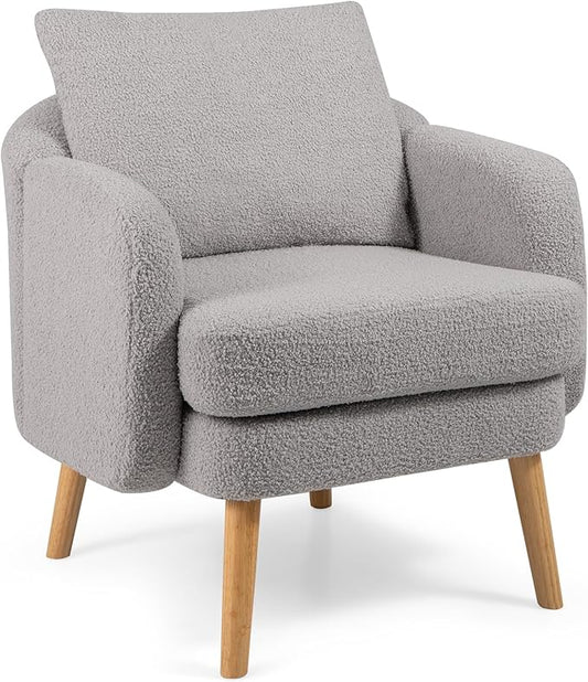 Giantex Sherpa Accent Chair, Modern Upholstered Single Sofa Chair with Back Pillow & Solid Rubber Wood Legs, Teddy Barrel Arm Chair for Reading, Living Room, Bedroom, Office, Grey