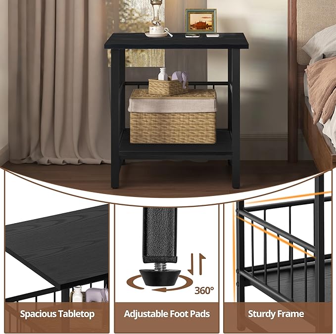 18" Square End Table, Modern Nightstand Side Table, Nightstand with Open Storage Shelf for Living Room, Heavy Duty Stand of Mini Beverage for Dorm, Kitchen Room, Black