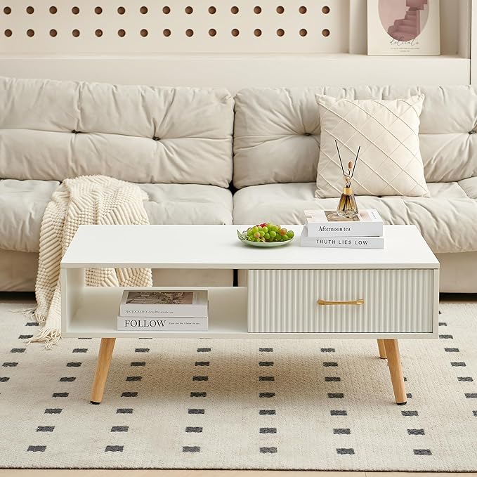 IANIYA Boho Coffee Table with Storage, Dining Table with Rattan Drawer and Solid Wood Legs, Small Center Tables for Living Room Small Space(All White)
