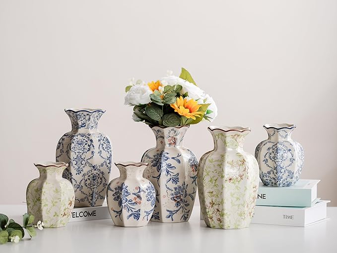 Blue and White Vase, Vintage Blue Ceramic Flower Vessel,Ceramic vases for Home Decor,Vintage Green and Beige for Console Table Mantle Chinoiserie Decor (Blue and White-01, Large)