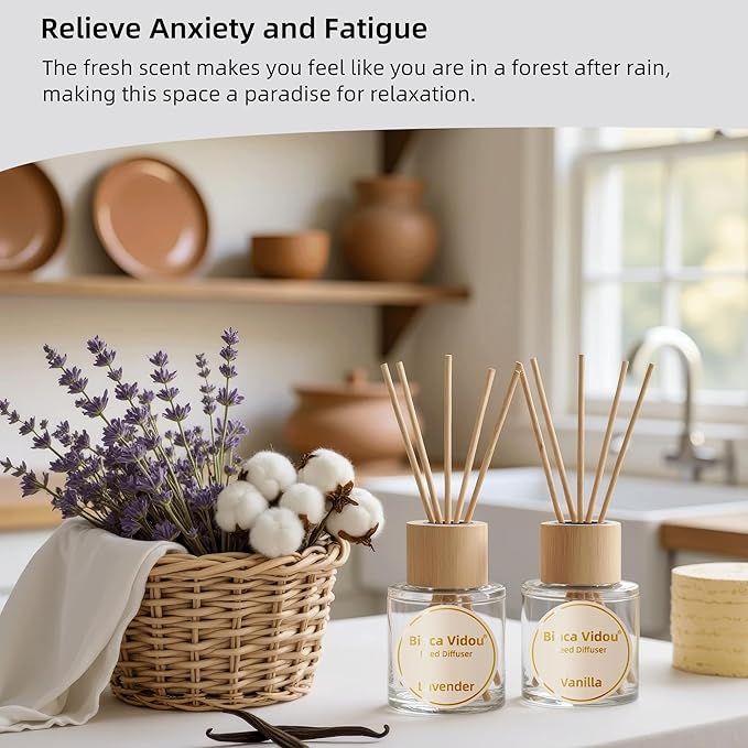 Reed Diffuser Set of 3, Binca Vidou Lavender Vanilla Clean Cotton Natural Scent Oil Diffusers with Sticks for Home Office Bathroom Aromatherapy Decor 1.69oz x 3