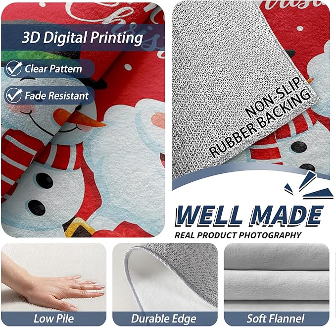 Merry Christmas Rug Red - 3x5 Rug, Santa Claus Door Mat Indoor Entrance, Merry Christmas Entryway Throw Rugs, Snowman Carpet, Xmas Holiday Home Decor & Gifts