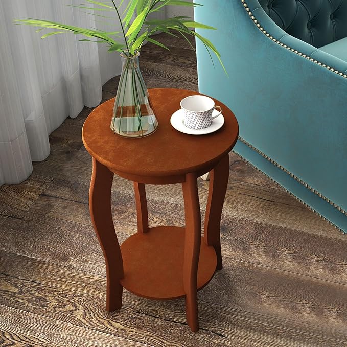 GOFLAME 2-Tier Round End Table, Mid-Century Modern Sofa Side Table with Storage Shelf, Solid Wood Legs, Compact Accent Table, Nightstand for Living Room, Bedroom, Small Space, Walnut