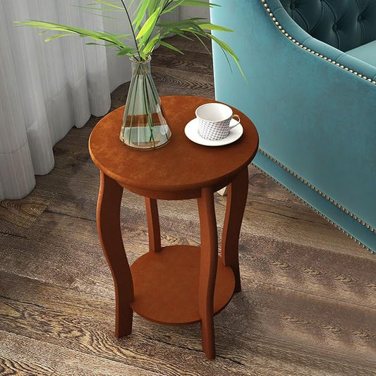 GOFLAME 2-Tier Round End Table Set of 2, Mid-Century Modern Sofa Side Table with Storage Shelf, Solid Wood Legs, Compact Accent Table, Nightstand for Living Room, Bedroom, Small Space, Walnut