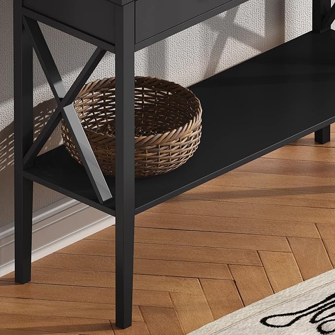 ChooChoo 47" Console Table with Drawers, Narrow Wood Accent Sofa Table Entryway Table with Storage Shelf for Entryway, Front Hall, Hallway, Living Room, Black