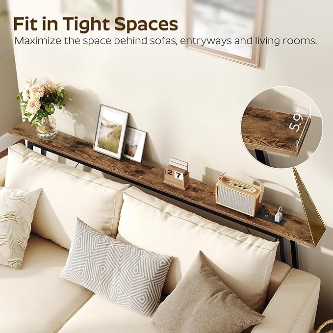 70.9" Couch Table Behind Sofa, Narrow Console Table with Outlet, Skinny Sofa Tables Narrow Long, Long Entryway Tables for Hallway, Entryway, Living Room, Rustic Brown and Black CT185UBR