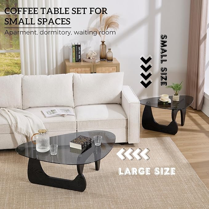 Small Glass Coffee Table, 32.5" Black Triangle Center Table with Wood Base Abstract Contemporary Coffee Table for Living Room Office Patio, Grey