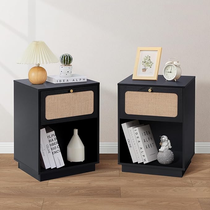 16" Nightstands Set of 2, Modern Retro Wooden Night Stands, Bed Side Table with Drawer and Open Shelf, End Table for Small Space, Linen Decor Boho Side Table for Bedroom,Dorm, Living Room (Black)