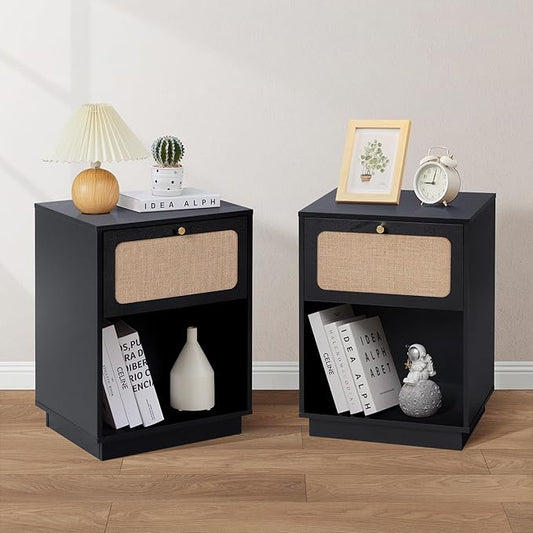 16" Nightstands Set of 2, Modern Retro Wooden Night Stands, Bed Side Table with Drawer and Open Shelf, End Table for Small Space, Linen Decor Boho Side Table for Bedroom,Dorm, Living Room (Black)