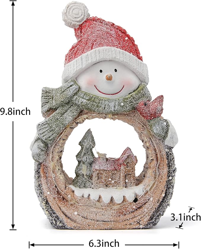 Snowman Statue with LED Lights for Christmas Decorations,Holiday Decor Figurine for Shelf Bookshelf Desk Fireplace Home Decor Accents,Indoor Winter Frosty Battery Operated 6h Timer