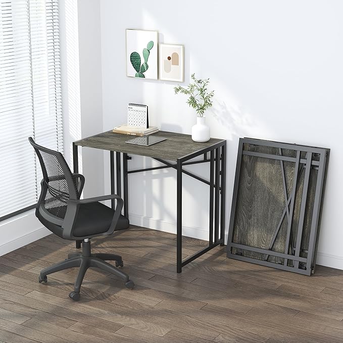 32 inch Small Folding Desk, Writing Gaming Computer Camping Desk for Small Spaces, No Assembly Required Home Office Desk, Black Oak
