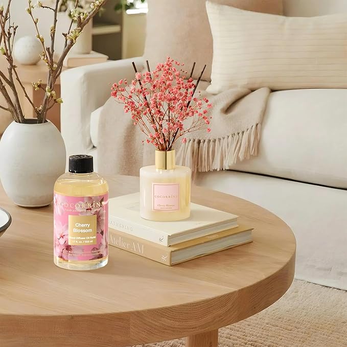 Cocorrína Reed Diffuser Refill Cherry Blossom 17oz (500ml) with 8 Sticks - Premium Long-Lasting Scented Oil, Home Fragrance for Bedroom, Bathroom Home Decor