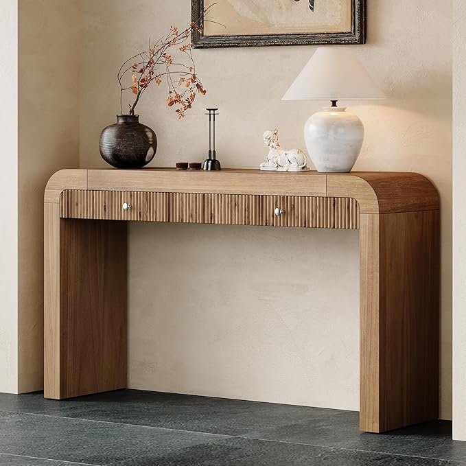 kevinplus 54.3'' Rustic Wood Console Table Sofa Table with Fluted Drawer Storage for Entryway, Modern Elegant Design & Curved Edge, Easy Assemble, Natural