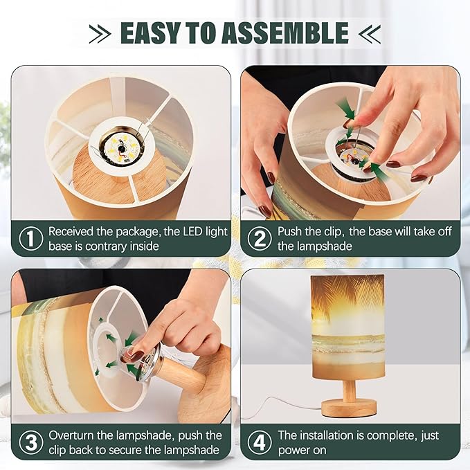 Table Lamp Pretty Sunset Ocean Beach with Palm Tree Caribbean Sea Nightstand Lamp with Wood Base Fabric Lamp Shade Bedside Desk Lamp for Living Room Bedroom Kids Room Office