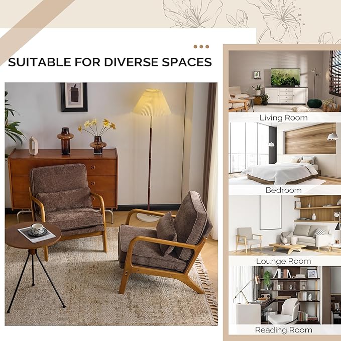 VINGLI Chenille Mid-Century Modern Accent Chair, Cute Reading Arm Chair with Cushion & Lumbar Pillow & Solid Wood Frame for Lounge, Living Room, Reading Room, Bedroom, Espresso