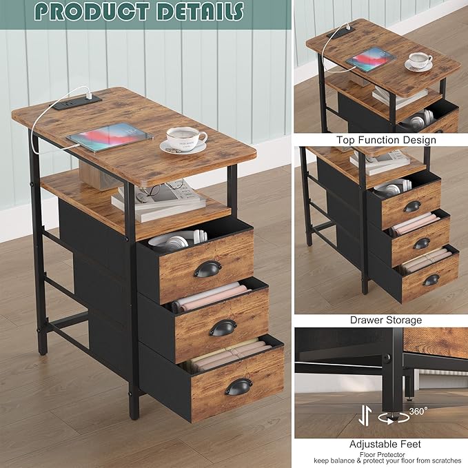 End Table with Charging Station, Side Tables Livingroom with USB Ports and Outlets,Narrow Nightstands Bedside Tables with 3 Drawers for Small Space,Slim Sofa Table Bedroom,Rustic Brown