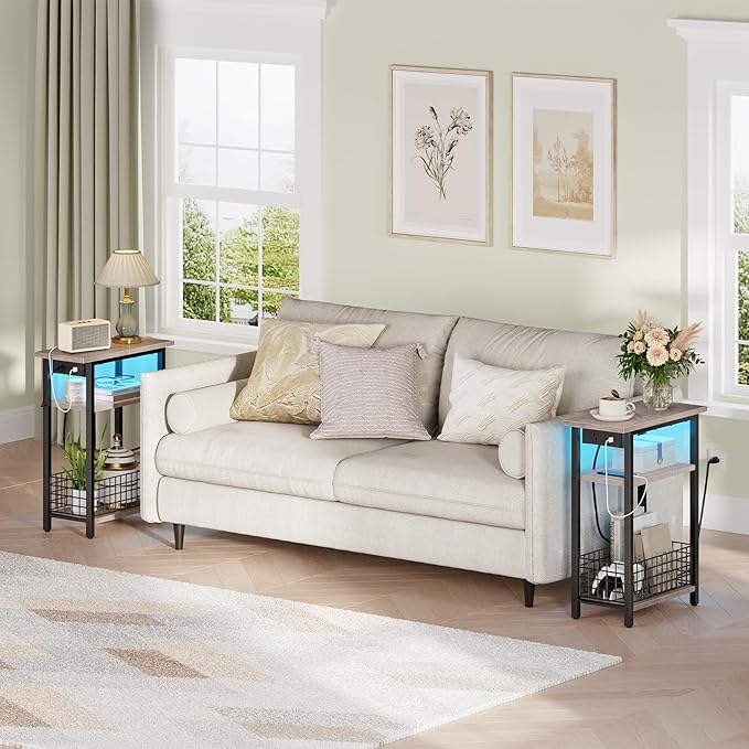 HOOBRO Narrow Side Table with Charging Station and LED Light, Small End Table with Storage, Skinny Nightstand with USB Port, Slim Bedside Table for Small Spaces, Living Room, Greige BG242UDBZ01