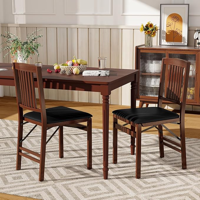 Giantex Folding Dining Chairs Set of 4, Solid Wood Frame, Foldable Wood Kitchen Chairs with Padded Seat, Max Load 400 Lbs, No Assembly, Armless Side Chairs for Apartment Dining Room, Brown & Black