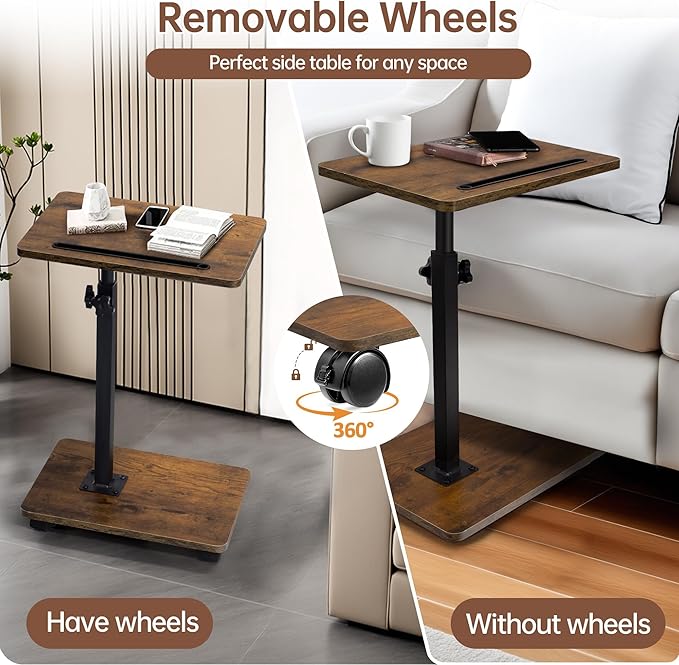 Aoligrace C Table End Table Adjustable Height, 360°Swivel TV Tray Table with Wheels, Small Side Table for Couch C Shaped End Table for Living Room Bedroom Small Spaces (Rustic Brown)