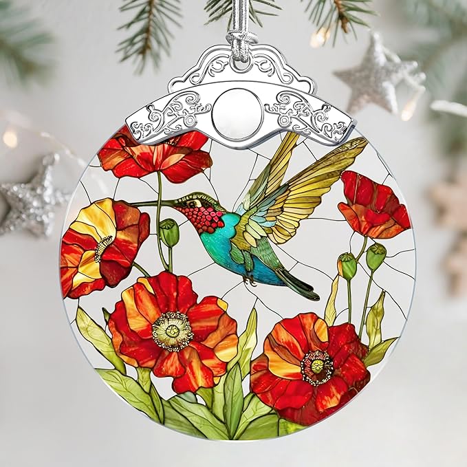 Hummingbird & Poppy Stained Glass Christmas Ornament – Christmas Tree Ornament & Holiday Decor, Gift for Hummingbird Lovers, Ideal Holiday Present & Xmas Gift
