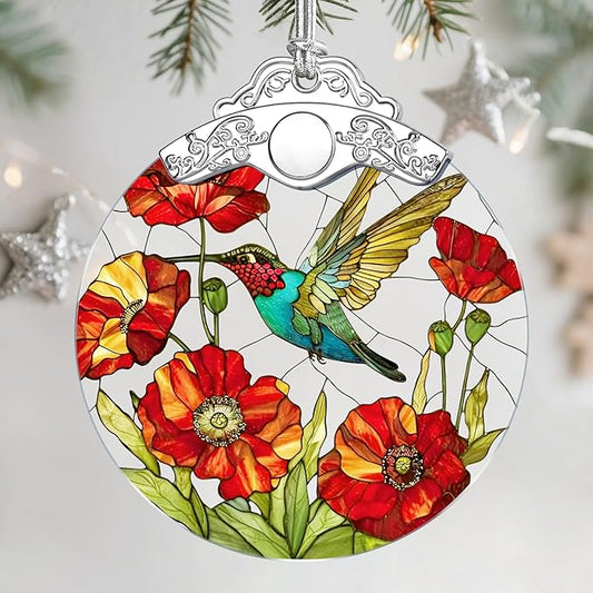 Hummingbird & Poppy Stained Glass Christmas Ornament – Christmas Tree Ornament & Holiday Decor, Gift for Hummingbird Lovers, Ideal Holiday Present & Xmas Gift