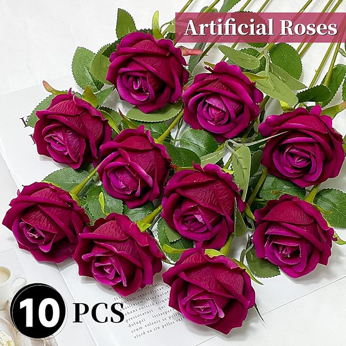 10 PCS Artificial Roses with Long Stems Silk Flowers Realistic Foam Flowers Fake Roses for Valentine's Day Home Wedding Halloween Decor(Rose Red)