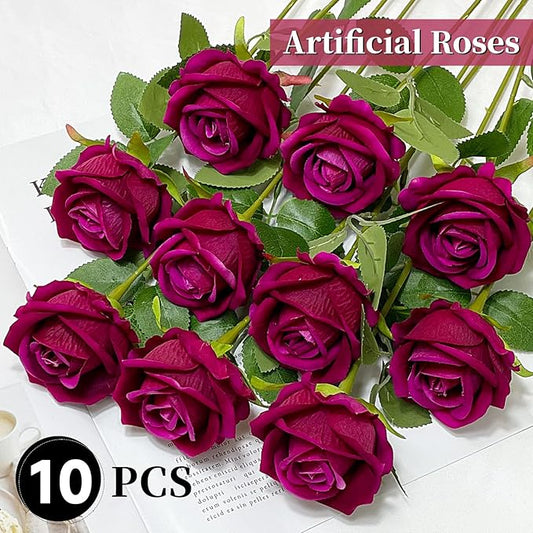 10 PCS Artificial Roses with Long Stems Silk Flowers Realistic Foam Flowers Fake Roses for Valentine's Day Home Wedding Halloween Decor(Rose Red)