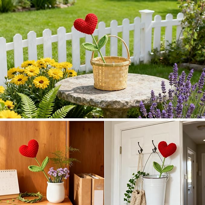 Hand-Crocheted Heart Flower Doll Bouquet - DIY Knitted Desk Decor, Romantic Gift for Girlfriend Valentine's Birthday Anniversary, Home Office Decoration