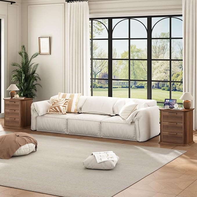 22'' Fluted Nightstand with Charging Station Set of 2, Modern End Table with 3 Drawers and Storage, Wood Night Stand with Round Corner, Side Table for Bedroom, Living Room, Curved Profile,Walnut