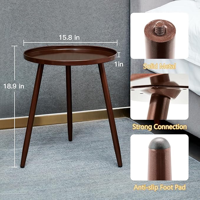 End/Side Tables - Small Round Accent Table, Metal Bronze Narrow Night Stands with 3 Legs, Ideal for Any Room-Side Tables Living Room, Bedroom, Plant Stand Balcony, Indoor & Outdoor