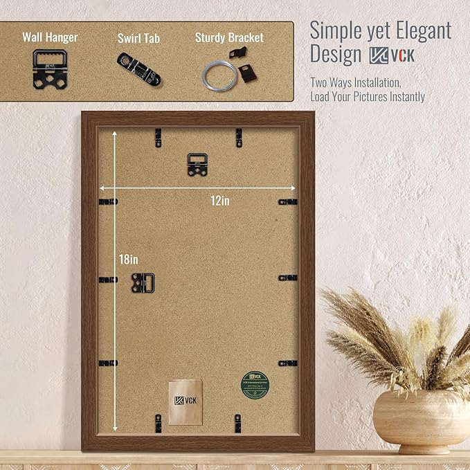 VCK 12x18 Picture Frame 2 Pack - Brown, High-End Wood Poster Frames with Tempered Glass, Display 11x17 Photo with Mat or 12x18 without Mat, Art Gallery-Quality, Wall Hanging, Brown
