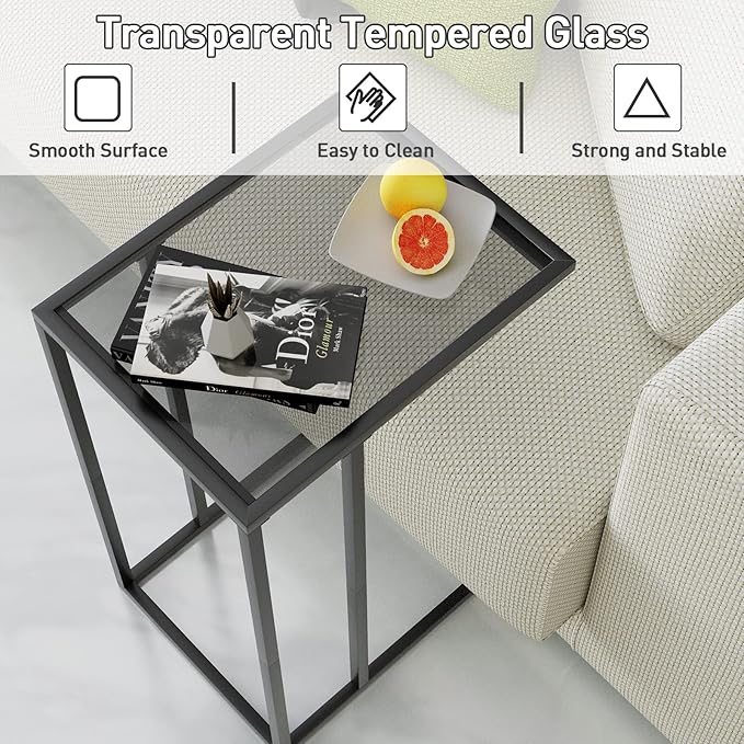 C Shaped End Table Set of 2, Sofa Couch Side Table, Tempered Glass Snack TV Tray Table with Metal Frame for Small Space,Living Room, Bedroom, Bedside,Modern Style, Black,2PCS