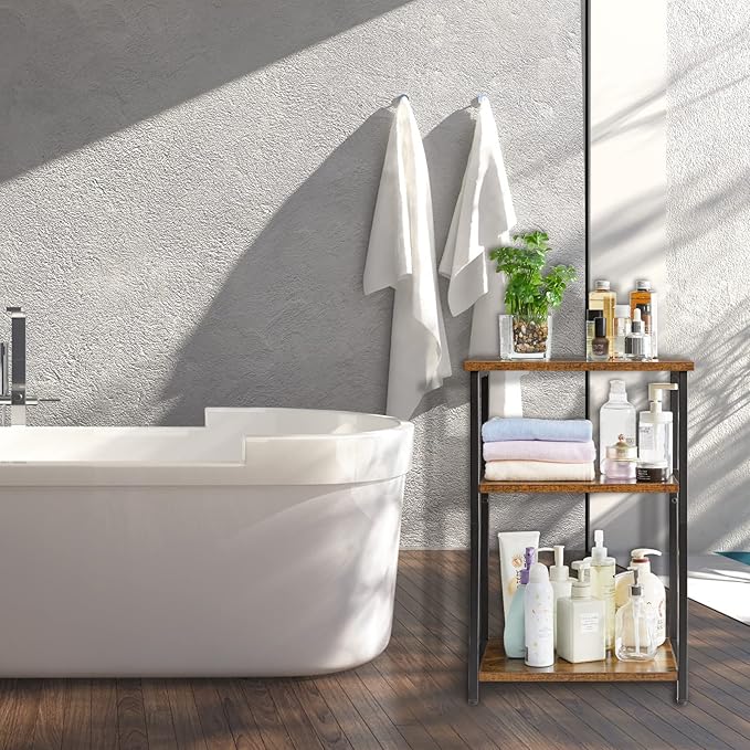 IBUYKE Side Table,3-Tier End Table, Industrial Nightstand Small Table with Storage Shelf, for Bedroom, Living Room, Hallway, Rustic Brown UTMJ402H