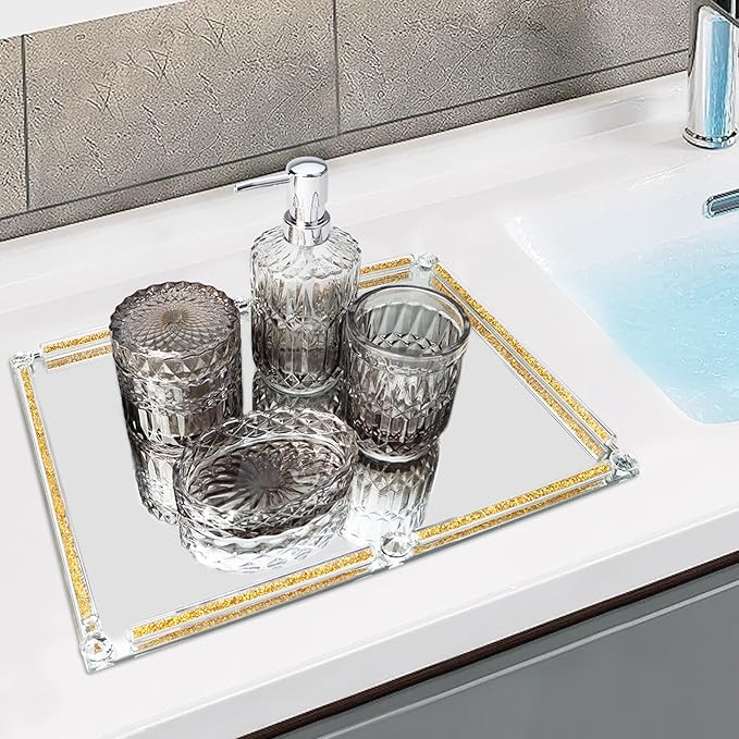 Large Mirror Perfume Tray for Dresser,Crushed Diamond Filled Glass Vanity Tray,Gold Decorative Bathroom Tray,Crystal Tray for Home Decorative,Party,Hotel Banquet,15.7x11.8x1.4inch,Gold