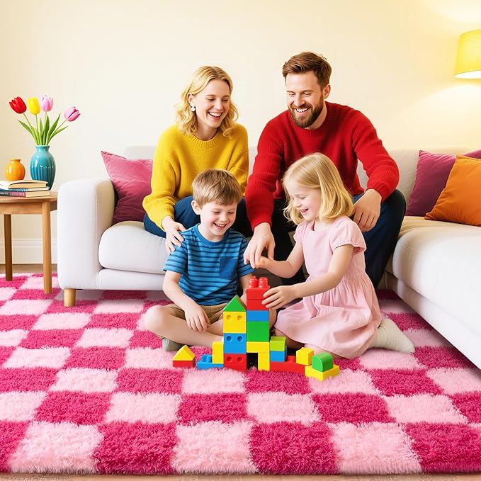 Checkered Rug for Living Room 6x9, Ultra Fluffy Fuzzy Shag Large Area Rug for Bedroom, Modern Plush Soft Upgrade Non-Slip Carpet for Kids and Girls Room Dorm Home Decor, Pink and Hot Pink