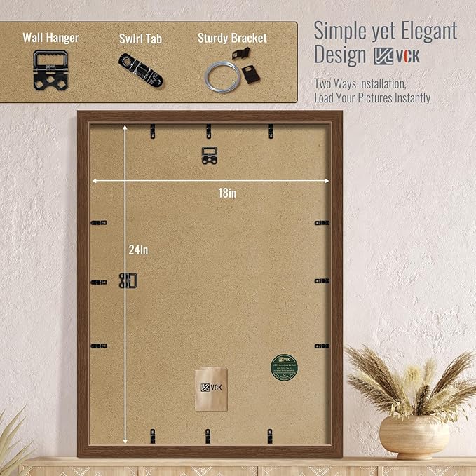 VCK 18x24 Poster Frame 2 Pack - Brown, High-End Wood Picture Frames with Polished Plexiglass, Display 16x20 Photo with Mat or 18x24 without Mat, Art Gallery-Quality, Wall Hanging, Brown