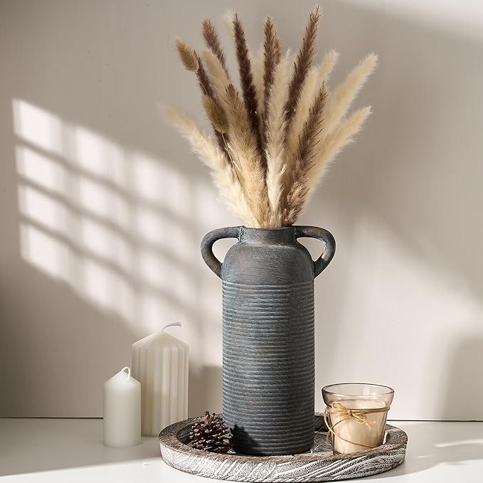 10.16" Tall Ceramic Rustic Vase for Home Decor, Terracotta Vase with Handles, Handcrafted Vintage Decorative Flower Vase for Farmhouse, Living Room, Table, Fireplace, Nightstand- Black Bronze