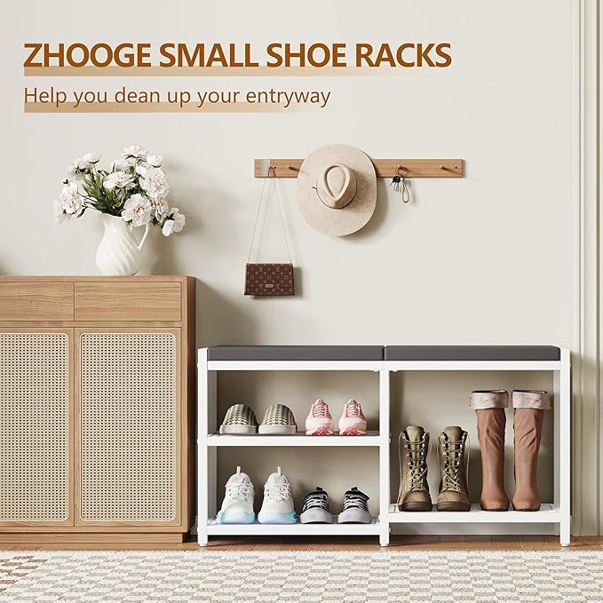 ZHOOGE Shoe Bench & Rack Storage Bench with Seat Cushion, Stable Entryway Bench Holds Up to 300 lb, (35" L x 12" W x 17" H, White)