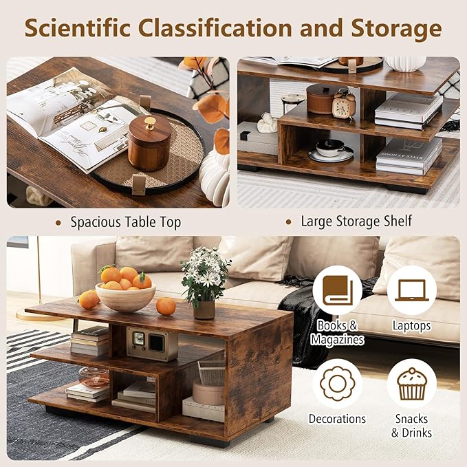 COSTWAY Mid Century Modern Coffee Table with Storage Shelves, 36 Inch 3-Tier Rectangular Wooden Tea Table, Accent Center Table for Living Room Apartment Reception, Rustic Brown