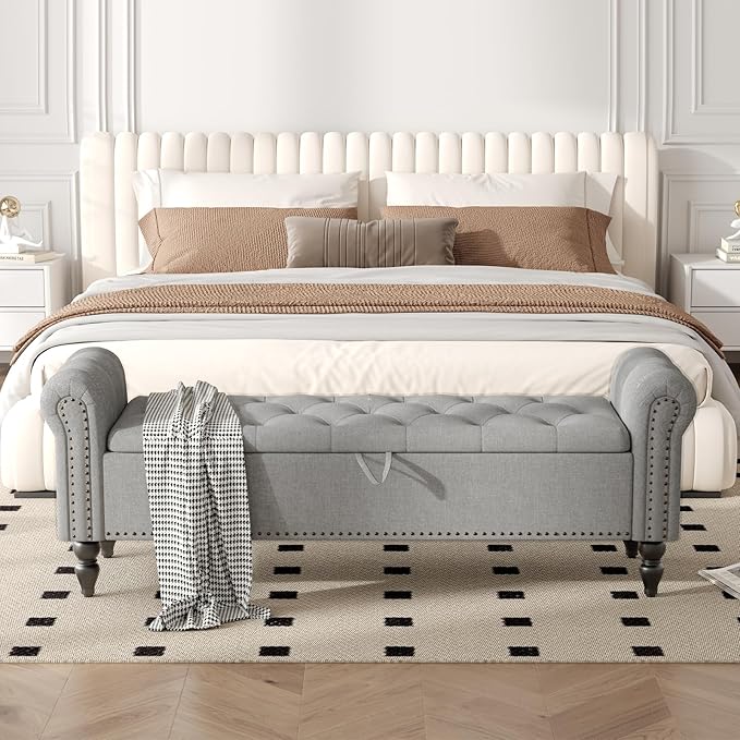 Furniliving 63” End of Bed Bench, Bedroom Bench with Button-Tufted, Large Upholstered Storage Ottoman Benches Entryway Bench with Storage Shoe Cabinet Bench, for Bedroom, Living Room, Linen, Grey