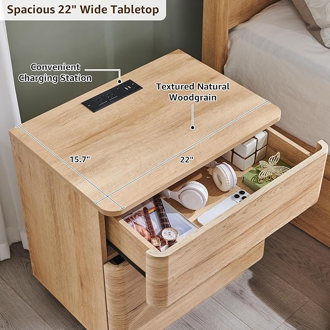 ACCOHOHO 22" Modern Nightstand Set of 2 with Charging Station, Push-to-Open 3 Drawers Bedside Table, Large End Table with Storage, Night Stand for Bedroom, Living Room, Curved Profile, Natural Oak