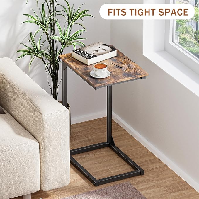 C-Shaped Side Table, C-Table for Sofa, Couch Table with Metal Frame, Large Surface Sofa Table for Living Room（Brown）