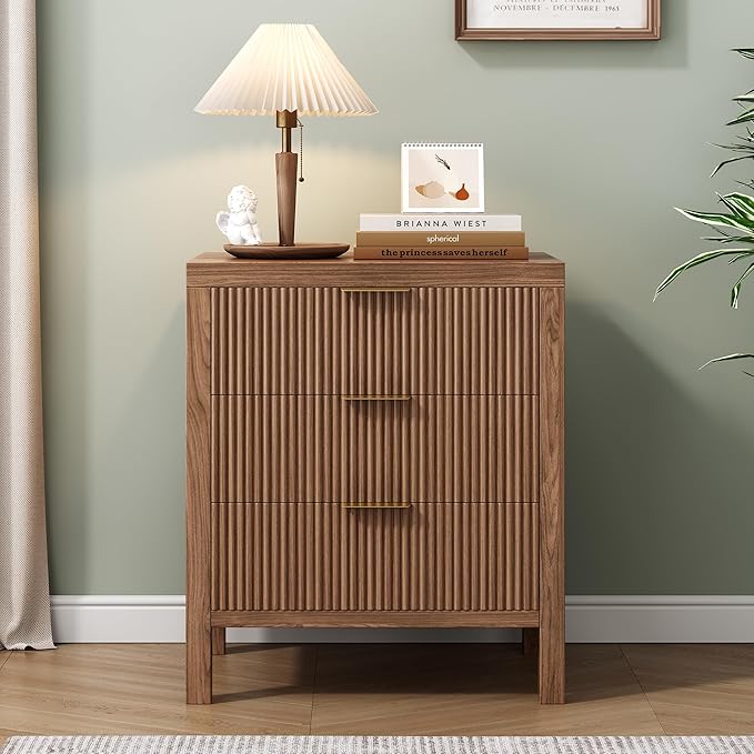 Fluted Nightstands Set of 2, Wooden Farmhouse Night Stands with 6 Drawer Bedside Table - Boho Tall End Table Accent Table for Bedroom, Living Room, Walnut