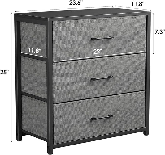 Nightstand with 3 Drawers for Bedroom, Storage Dresser with Fabric Drawers and Metal Frame for Closet, Living Room, Bedside Table with Wood Top, Easy Pull Handle, Gray