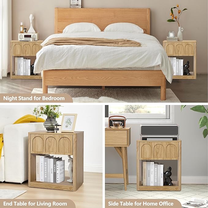 Nightstand Set of 2, 19.69" Wide Bedside Table with Arched Finish, Modern Night Stands with Curved Profile, Mid Century End Table for Bedroom Living Room (Natural-2 Packs)