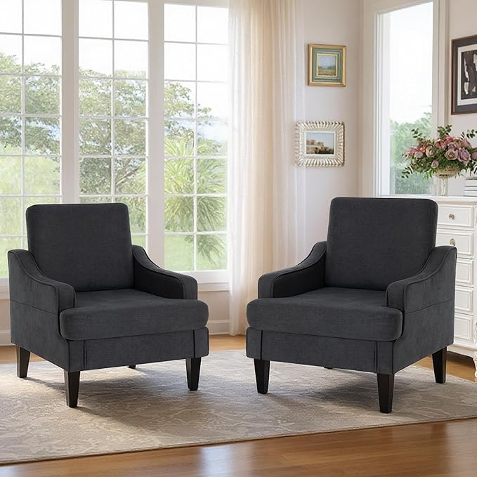Accent Chair for Living Room,Mid-Century Arm Chair Fabric Living Room Chairs,Upholstered Reading Chair for Bedroom,Single Sofa Chair with Wood Legs for Apartment,Dark Grey,2 Pack