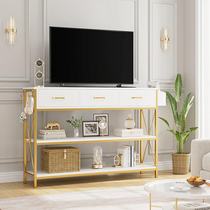 HITHOS 47.2" Console Table with 3 Drawers, Narrow Long Entryway Table with 3-Tier Storage Shelves, Industrial Sofa Foyer Table for Living Room, Hallway, Entry Way, Foyer, Kitchen, White/Gold