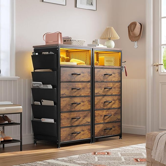 EnHomee Tall Night Stand Set 2 with 5 Drawers, LED Nightstand with Ports & Outlets, Bedside Table with Extra Side Bag & Storage Shelf & Hooks, Bedroom, Dorm, Closet