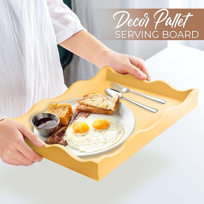 Wooden Scallop Serving Tray - for Coffee Table, Breakfast, Dinner Kitchen Living Room Bedroom, and Home Decor for All Occasions (Peaches & Cream, M)